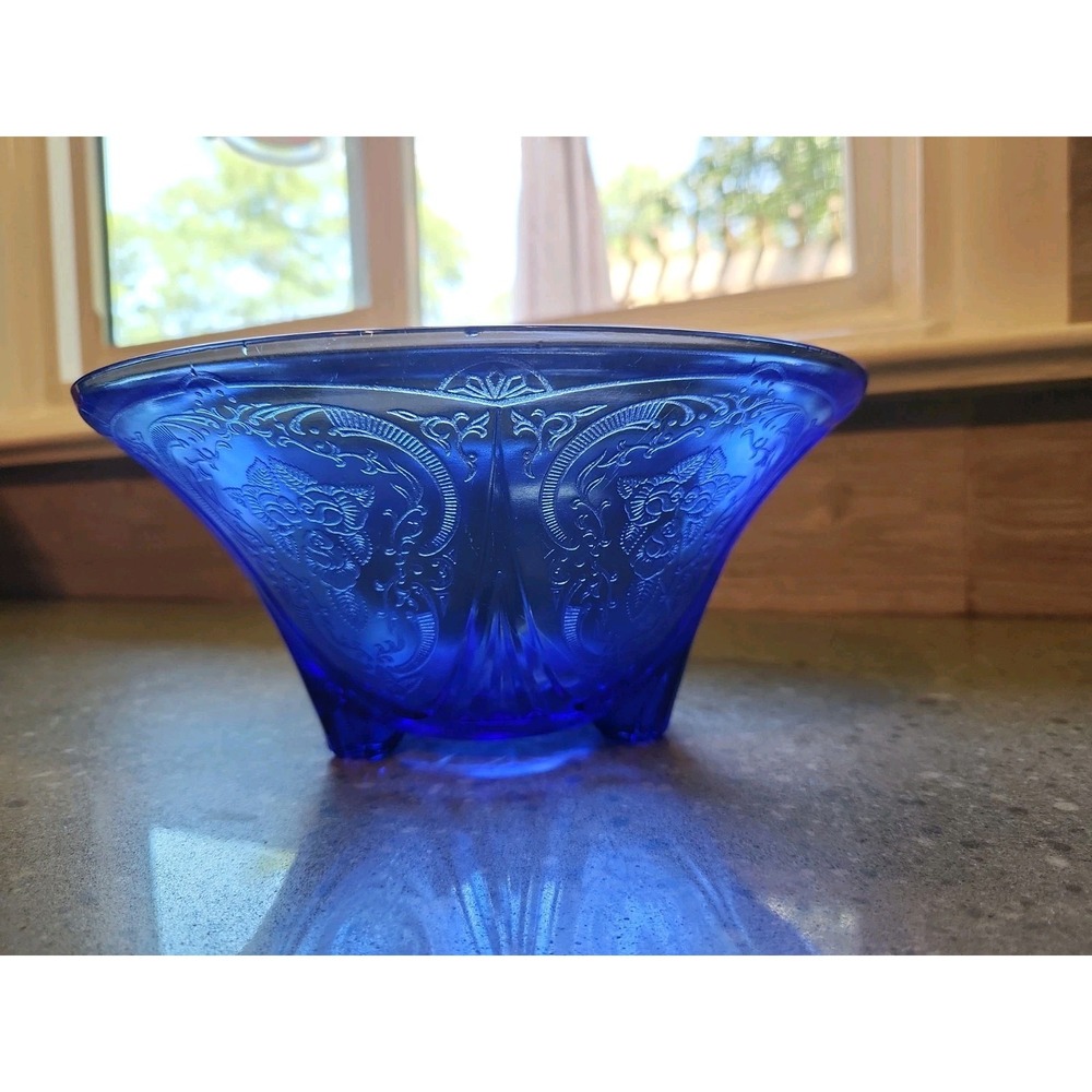 Hazel Atlas Cobalt Blue Royal Lace 10" Bowl Depression Glass, FOOTED, Vintage - Picture 2 of 9